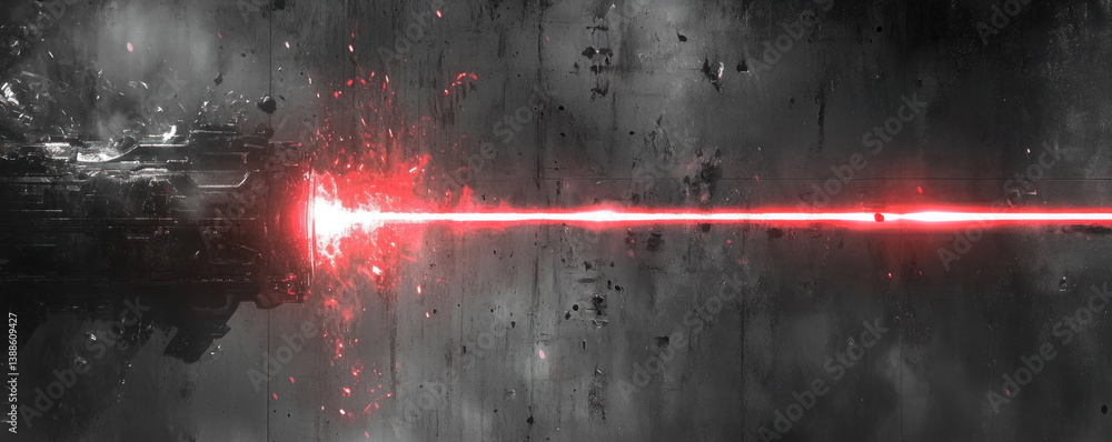 Poster a red laser beam is shooting through the sky. the image has a futuristic and sci-fi vibe, with the l