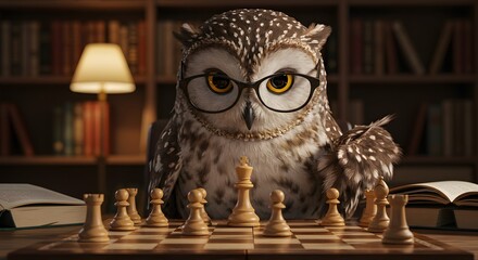 Owl Wearing Glasses Playing Chess in Library, Intelligent and Strategic