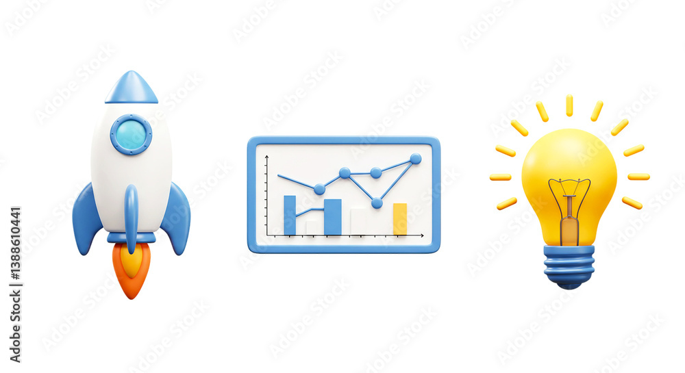 Poster a rocket chart and lightbulb representing startup growth and ideas on a black background scene rende