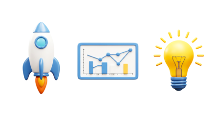 A rocket chart and lightbulb representing startup growth and ideas on a black background scene render png