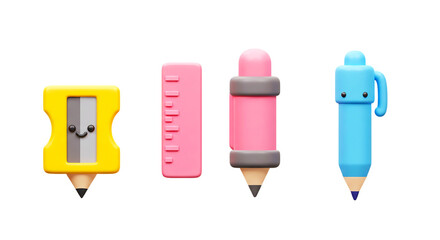 A cartoonish stationery set featuring a sharpener, ruler, eraser, and pen on a black background png