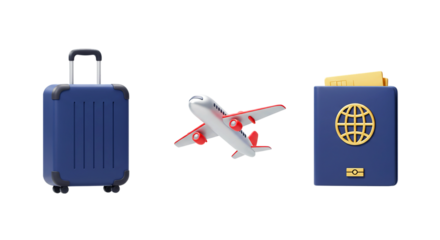 A suitcase, airplane, and passport on a black background representing travel and international journeys png
