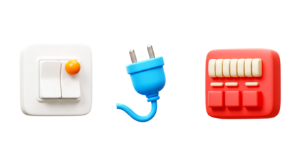 A digital rendering of a light switch a blue electrical plug and a red soundboard on a black background png