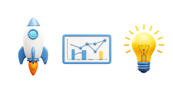 A rocket chart and lightbulb representing startup growth and ideas on a black background scene render png