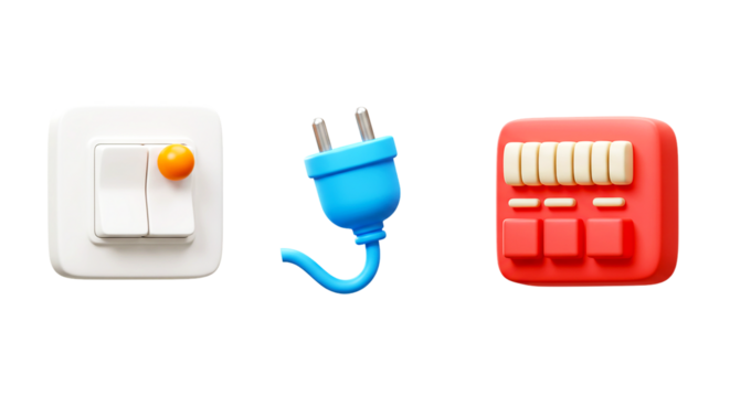 A digital rendering of a light switch a blue electrical plug and a red soundboard on a black background png
