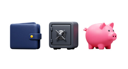 A blue wallet a gray safe and a pink piggy bank arranged in a row on a black background studio shot png