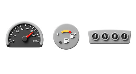 Illustration of a speedometer, fuel gauge, and a set of four circular dial indicators in gray scale png