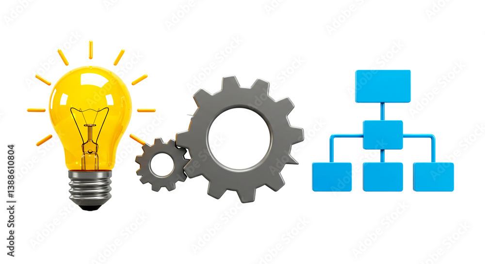 Poster a lightbulb with gears and a flowchart on a black background representing innovation and process png