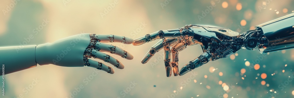 Aufkleber human hand meets robotic hand in a modern collage exploring the conflict between humanity and artifi