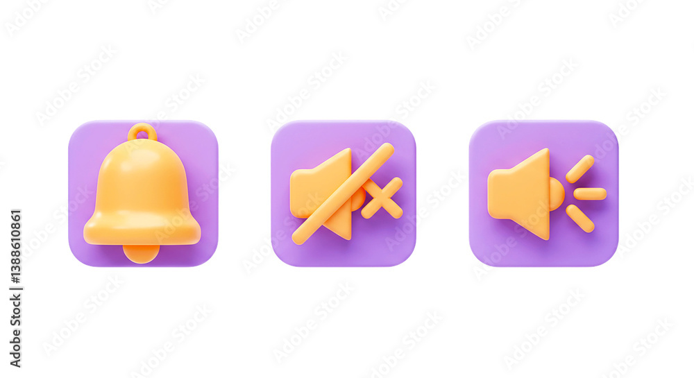 Poster three icons displaying notification bell mute and speaker on purple squares in a row on black backgr