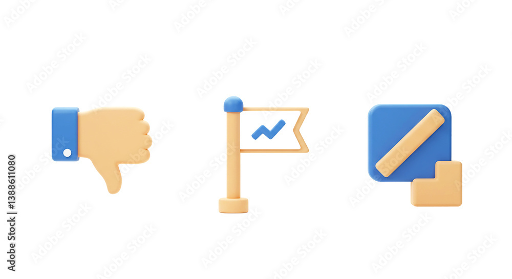 Poster three dimensional icons showing dislike flag and edit signs on a black colored background isolated p