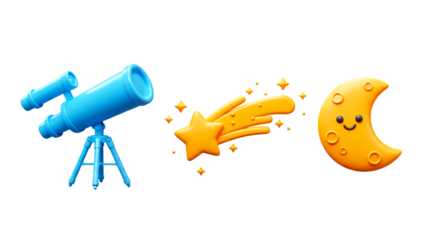 A cartoon image showing a blue telescope a shooting star and a crescent moon on a black background png