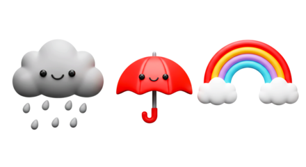 Weather icons featuring a cloud raining an umbrella and a rainbow on a black background scene png
