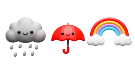 Weather icons featuring a cloud raining an umbrella and a rainbow on a black background scene png