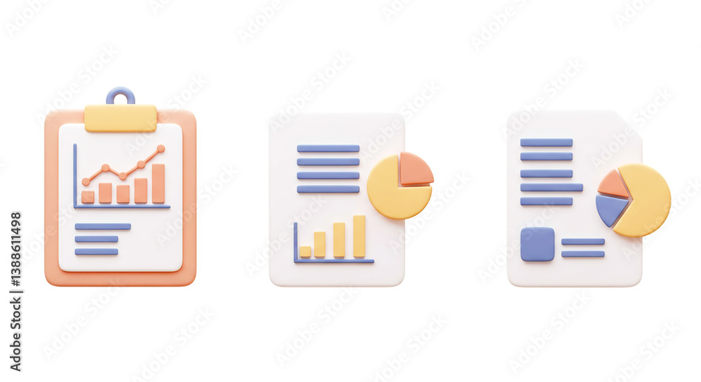 Aufkleber three dimensional rendering of business reports with charts and graphs on a black background png