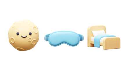 Restful Night 3D Icons: Smiling Moon, Sleep Mask & Cozy Bed - Ideal for Sleep Solutions, Relaxation, Bedtime Routines, Insomnia Relief & Dreamy Wellness Concepts
