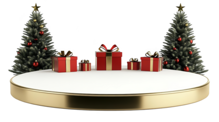 3D Christmas Scene With Gifts On Stage Gold And Red Decoration