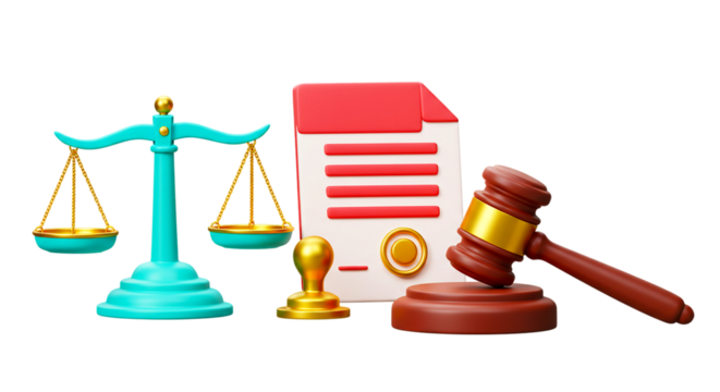  Law & Justice Icons: Scales, Gavel & Document - 3D Render for Legal System, Courtroom, Attorney Services, Rights, Regulations & Contracts isolated on white background