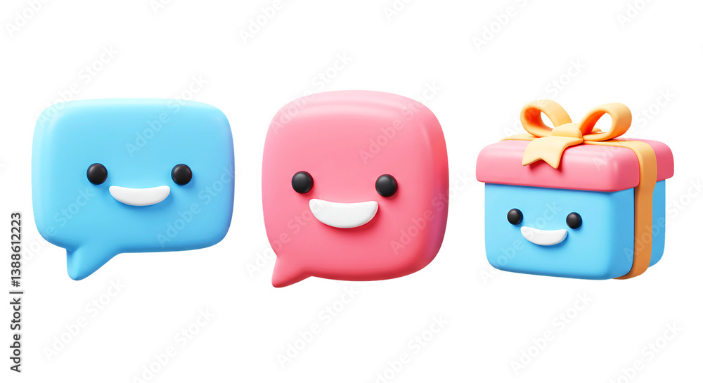 Poster three dimensional rendering of smiling chat bubbles and a gift box against a black background png