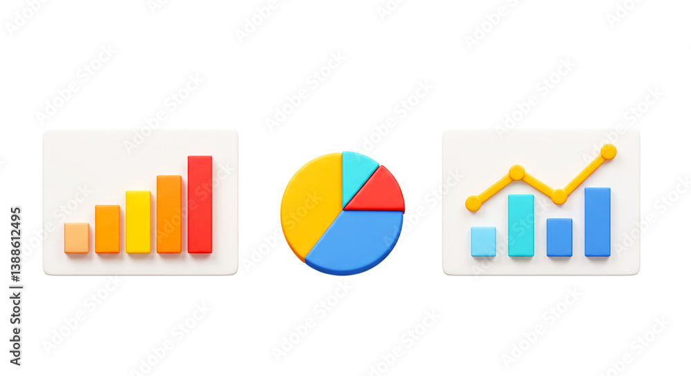 Poster three dimensional charts displaying bar graph pie chart and line graph on white background illustrat