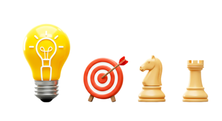 A lightbulb target arrow knight and rook chess piece on a black isolated background in a row png