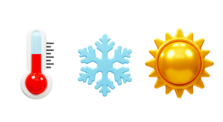 A thermometer with red liquid, a blue snowflake, and a golden sun on a black background image view png