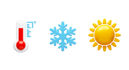 Thermometer with red liquid, blue snowflake, and yellow sun isolated on a black background weather...