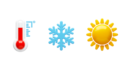 Thermometer with red liquid, blue snowflake, and yellow sun isolated on a black background weather icons png