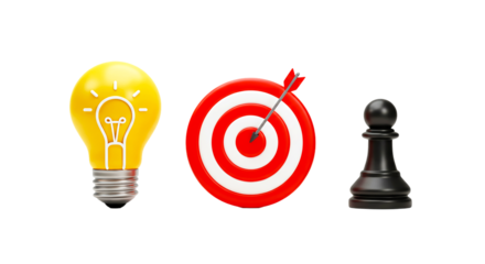 A yellow lightbulb a red and white target with an arrow and a black chess pawn on black background png