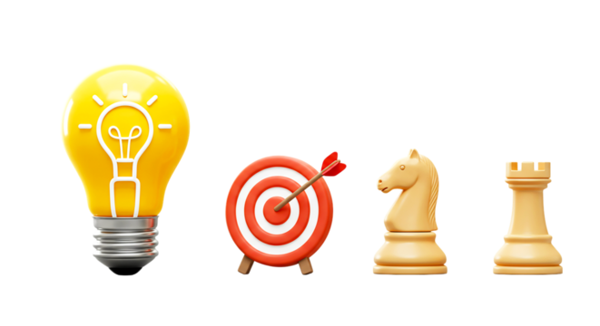 A lightbulb target arrow knight and rook chess piece on a black isolated background in a row png