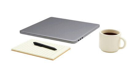 A closed laptop with a pen on a notebook and a cup of coffee on a black background studio shot png