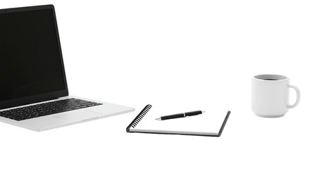 A laptop, notebook, pen, and coffee mug arranged on a surface in a simple, minimalist composition png