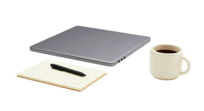 A closed laptop with a pen on a notebook and a cup of coffee on a black background studio shot png