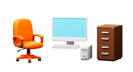 A cartoon office setup with a chair computer and filing cabinet on a black background isolated scene png