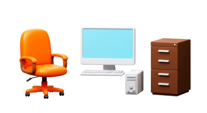 A cartoon office setup with a chair computer and filing cabinet on a black background isolated scene png