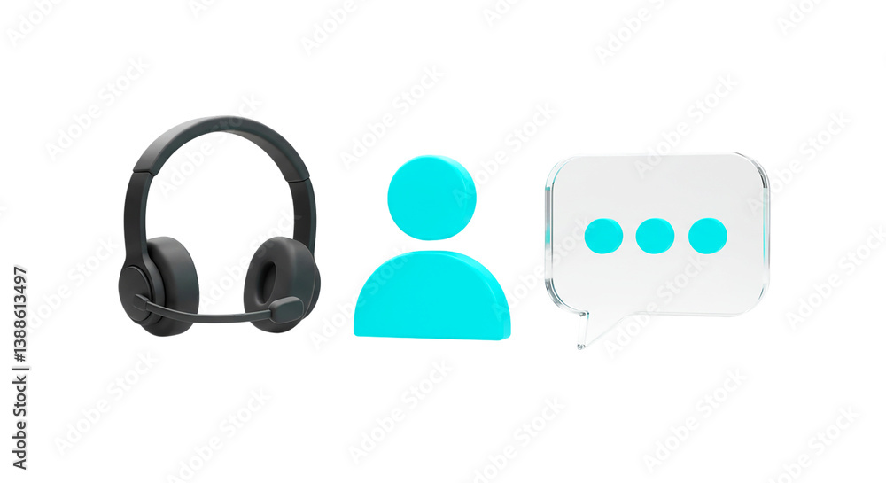 Poster a headset a blue person icon and a speech bubble with three dots on a black background image render 