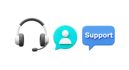A headset a turquoise person icon and a blue support speech bubble on a black background scene png