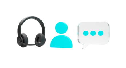 A headset a blue person icon and a speech bubble with three dots on a black background image render png