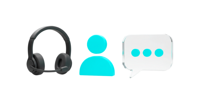 A headset a blue person icon and a speech bubble with three dots on a black background image render png - Powered by Adobe