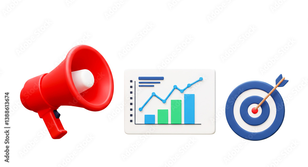 Poster a red megaphone chart with ascending line and bars and a target with arrow on a black background png