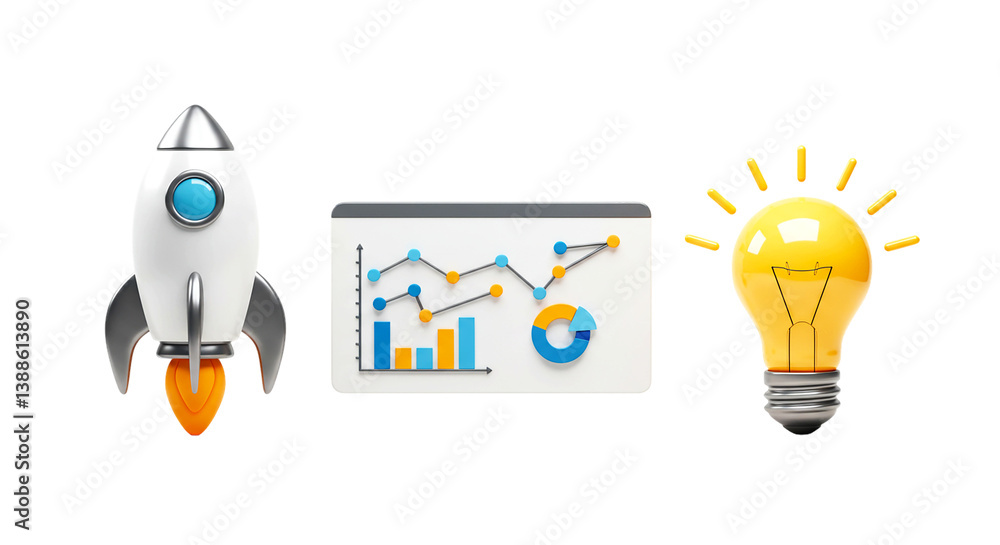 Poster a rocket with fire, a graph with data, and a lightbulb on a black background in a digital rendering 