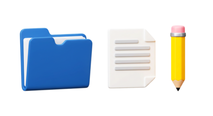 A blue folder a document with lines and a yellow pencil with a pink eraser on a black background png