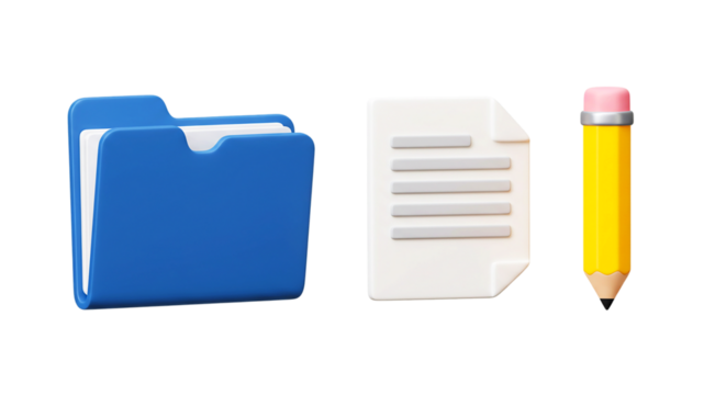 A blue folder a document with lines and a yellow pencil with a pink eraser on a black background png