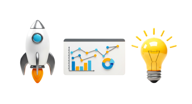 A rocket with fire, a graph with data, and a lightbulb on a black background in a digital rendering png