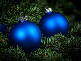 Fototapeta premium Stunning Blue Christmas Ornaments on Lush Green Fir Branches