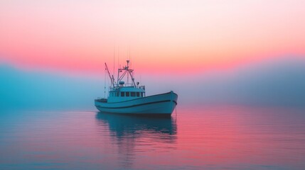 Obraz premium Serene Sunset: Fishing Vessel at Dusk