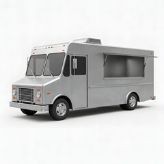 Fototapeta premium A sleek silver food truck with a minimalist design, featuring a glossy metallic finish and a bold black logo on the side.