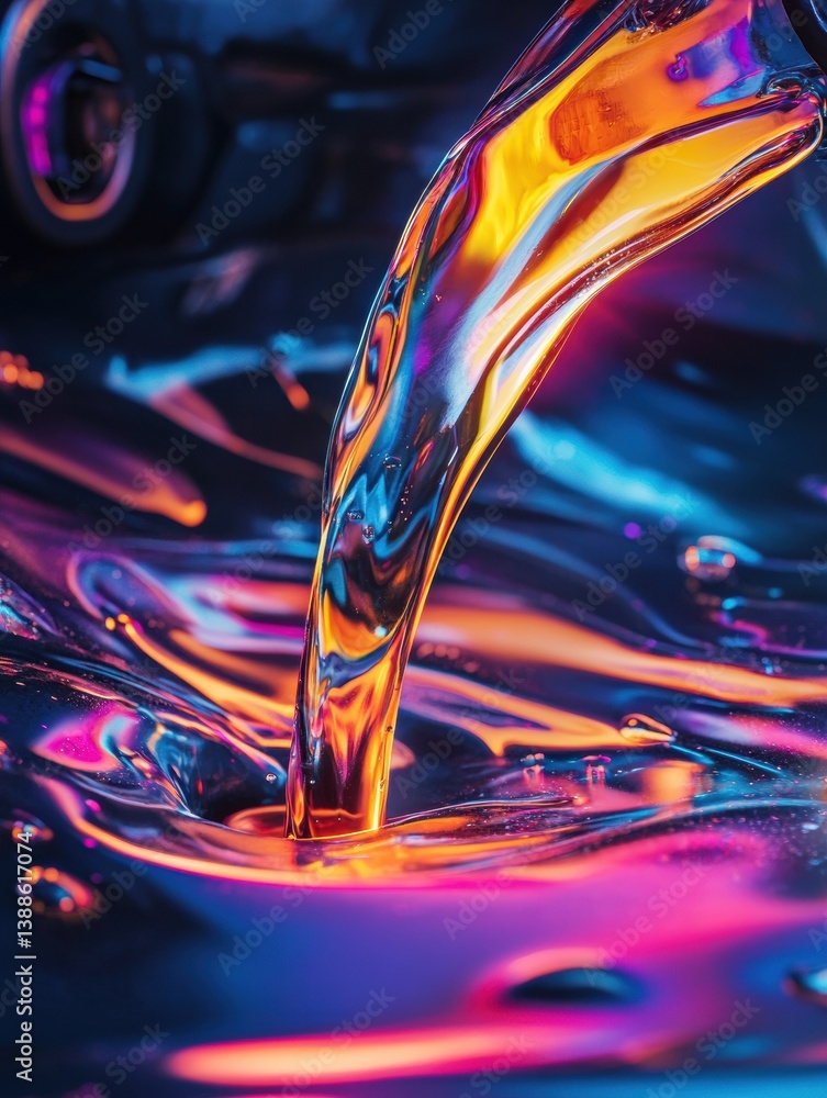 Poster vibrant liquid pours into a car engine creating a glowing visual of surreal colors and smooth textur