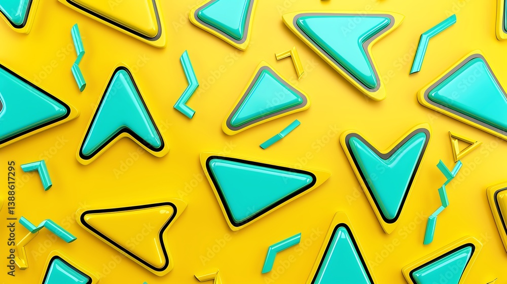 Poster yellow background displays repeating geometric shapes with contrasting colors