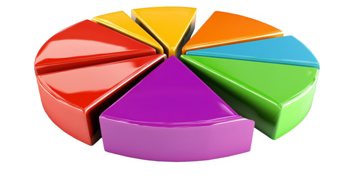 3D Illustration of Colorful Pie Chart Segments Isolated on Transparent Background